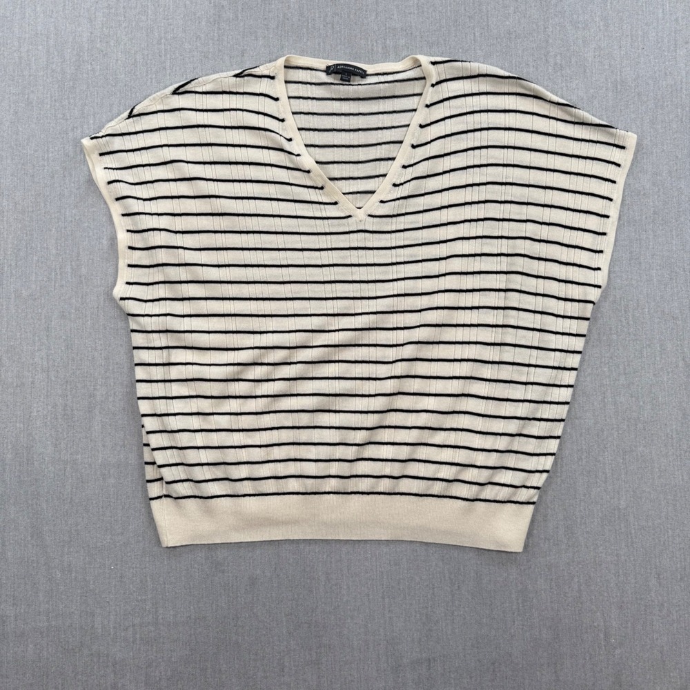 Adrianna Papell Womens Striped V-Neck Knit Sweater‎ Vest Cream Black Size L